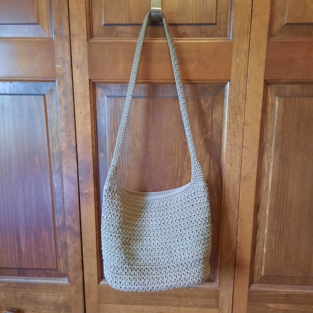 The Sak Tan Green Crochet Woven Shoulder Bag